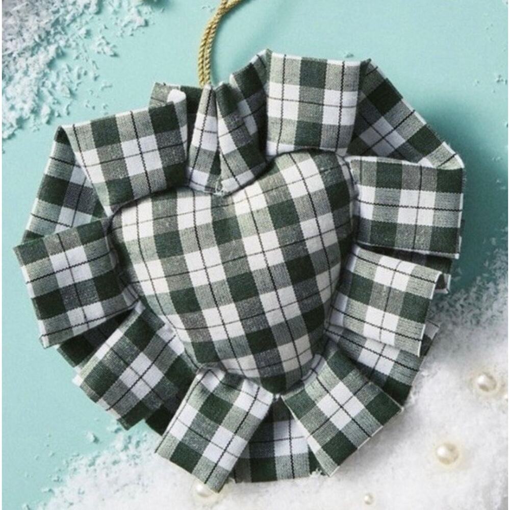 Anthropologie GINGHAM HEART PILLOW ORNAMENT Christmas Valentines Day Green White